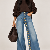 Gold Embellished Button-Down Wide Leg Jean
