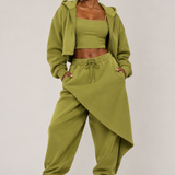 The After Hours Cropped Hoodie & Layered Pant Set -Avocado