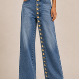 Gold Embellished Button-Down Wide Leg Jean
