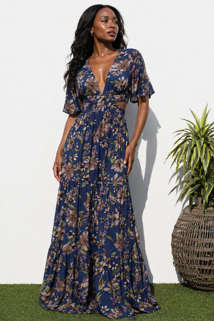 chinese dress ladies Bishop Sleeve Floral Mesh Maxi Dress In Navy Multi main image 1
