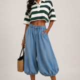 Gameday Green Striped Cropped Polo