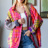Hot Pink Washed Mixed Plaid Button Shirt