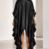 Collared Short Sleeve Side Ruffle Button-up Oversized Satin