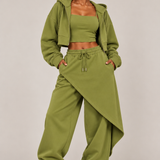 The After Hours Cropped Hoodie & Layered Pant Set -Avocado