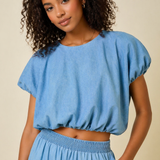 Sleeveless Denim Bubble Crop Top W/ Shirring Detail