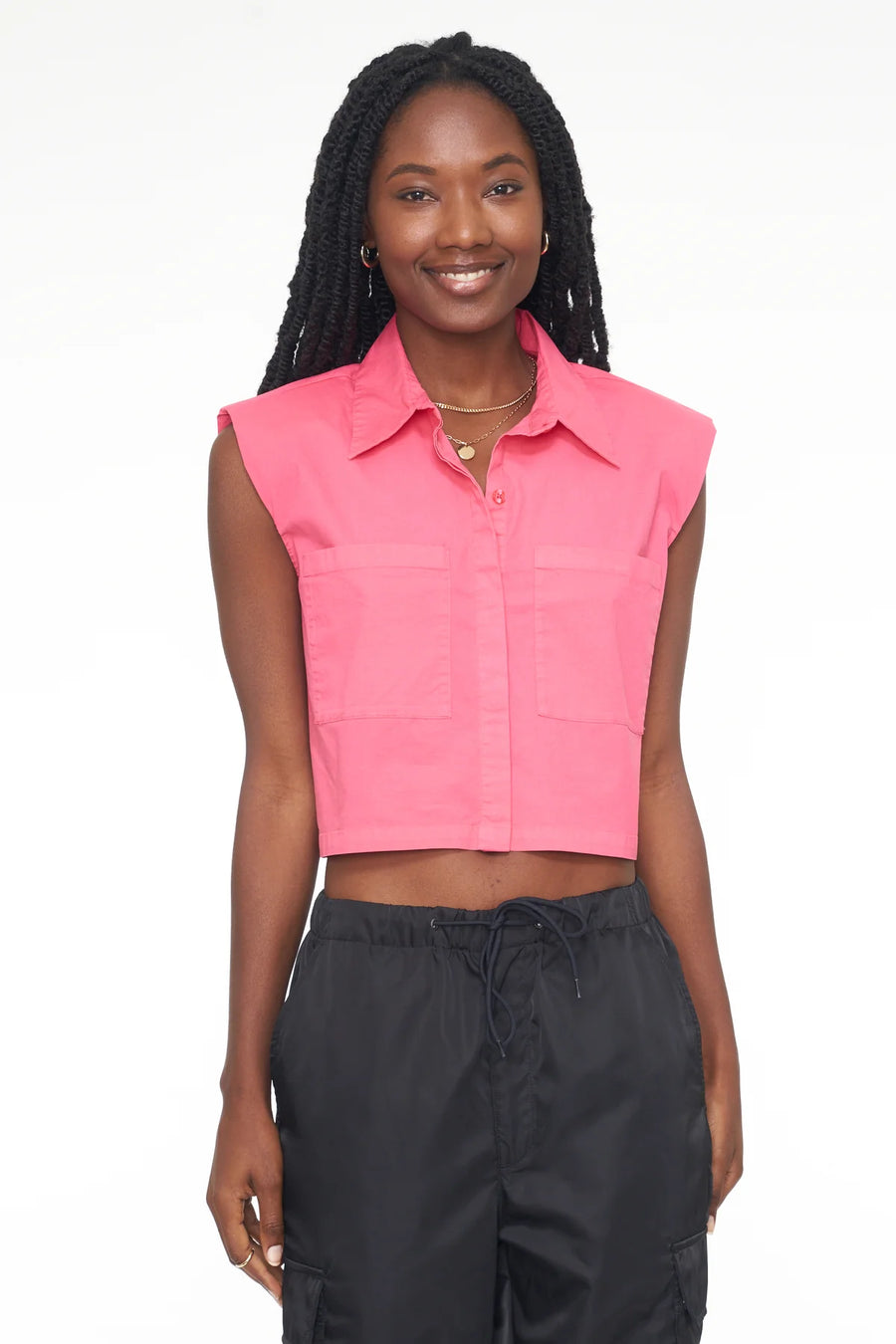 Liam Sleeveless Button Down Shirt-Pink Punch