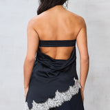 The Riviera Navy Strapless Satin Lace Trim Top
