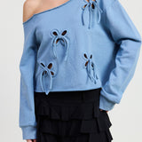 One Shoulder Top With Tie Cutout Dusty Blue