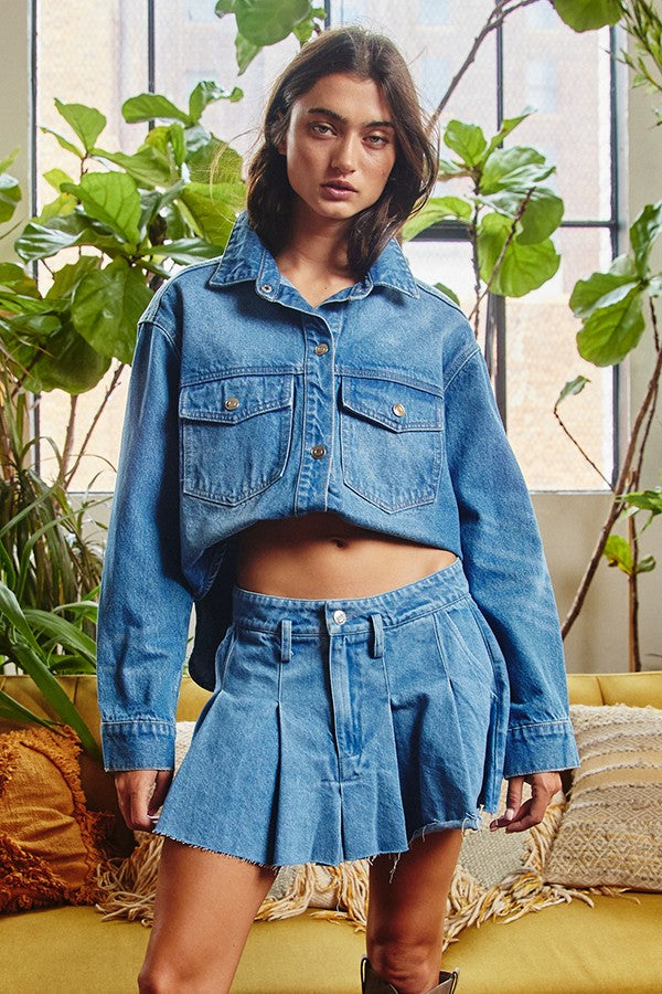 Pleated Denim Mini