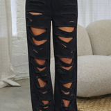 Shredded Relaxed Straight-Leg Pant- Black