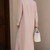 Mauve & Cream Stripe Tie Waist Button Down Dress