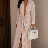 Mauve & Cream Stripe Tie Waist Button Down Dress