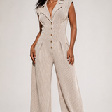 Tan & White Ribbed Jumpsuit with peek-a-boo back
