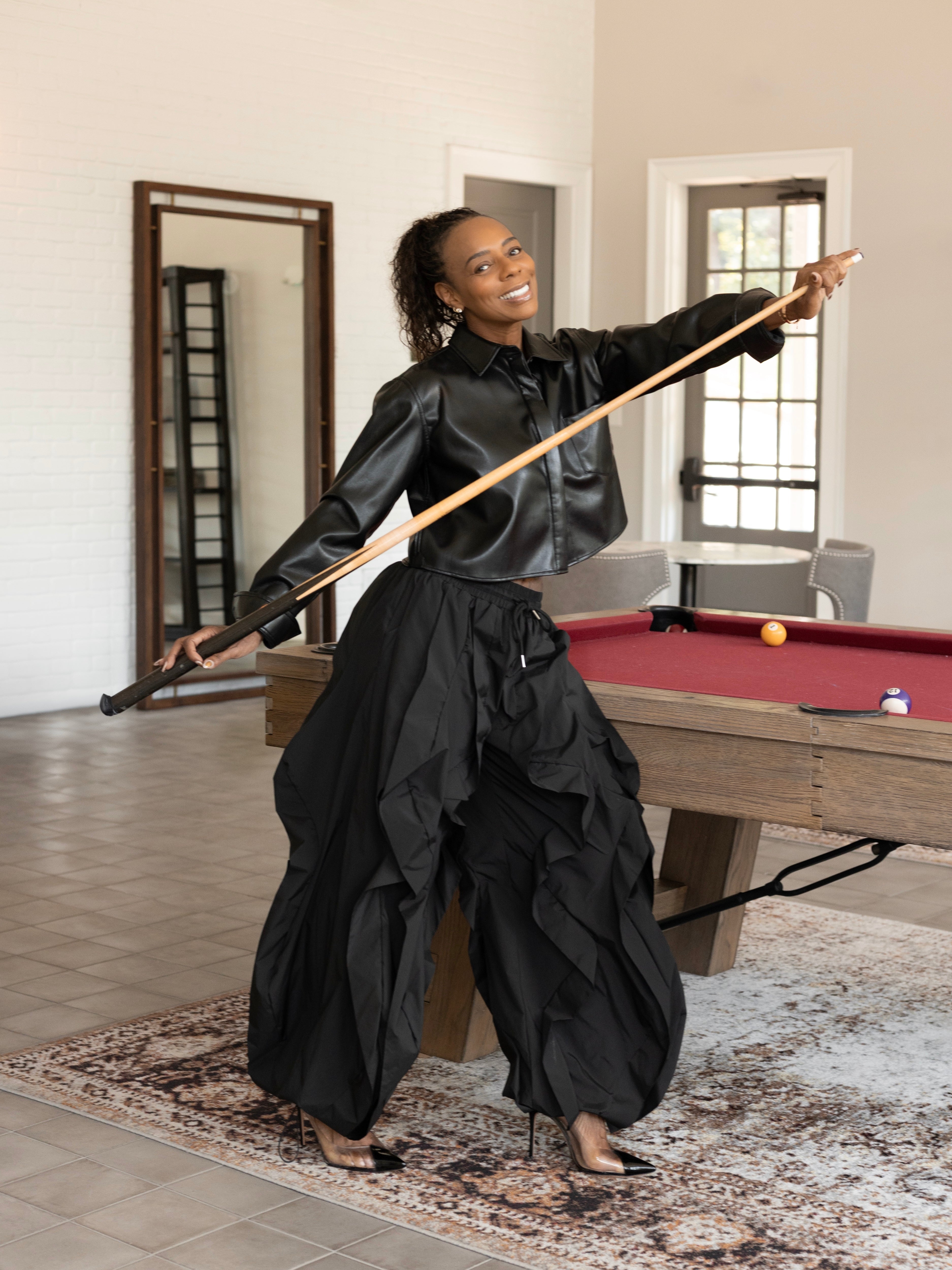 Teresa Caldwell wearing the wavy pants in black - The Taste Boutique 