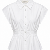 White Cinched Waist Button-up Shirt