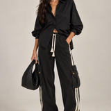Black Three-Quarter Sleeve Button-Up Shirt