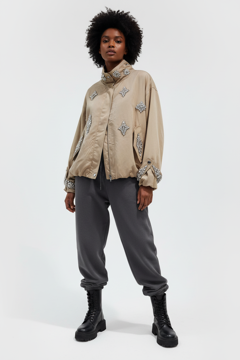 Model wearing The Crown Carmel Statement Jacket with sweatpants and combat boots