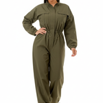 White model wearing olive green utility jumpsuit