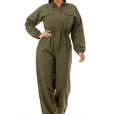 White model wearing olive green utility jumpsuit