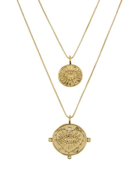Evil Eye Double Coin Necklace-Gold